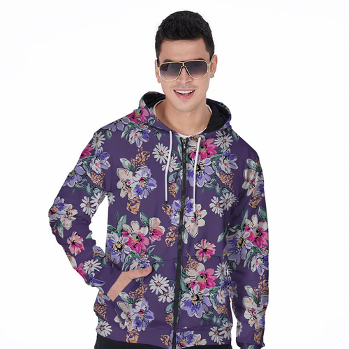 Purple Floral Print Men's Zip Up Hoodie.png