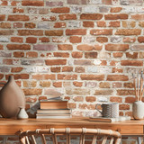 Interior design of neutral bohemian living room interior with stylish desk, armchair, dried flowers 