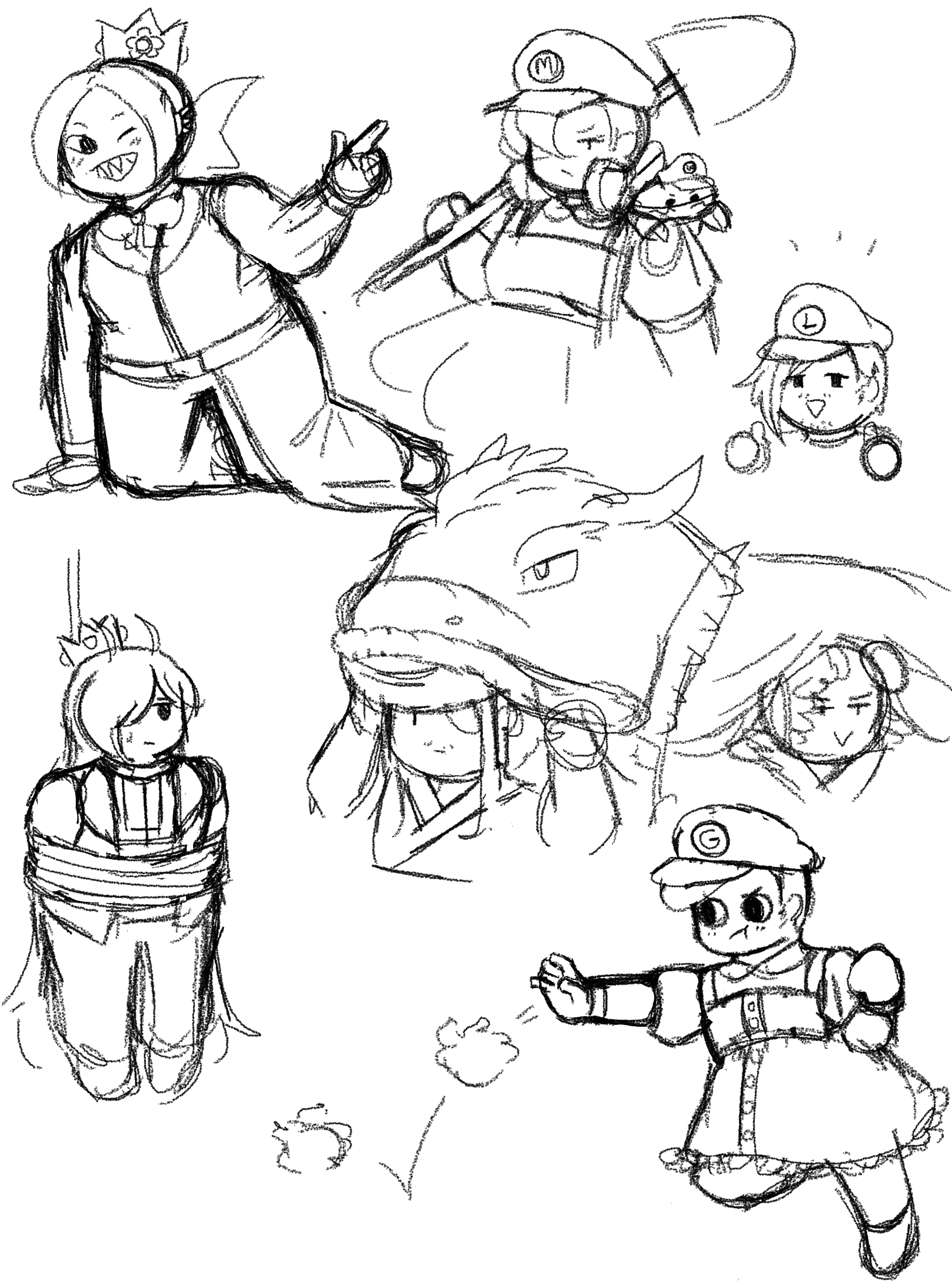 Various doodles of the All Aboard Lodestar cast in Mario-like costumes Keahi (Daisy), Mirabelle (Wario), Windchime (Waluigi), Luning (Luigi), Jove and Ambrose (Bowser), Pistol (Peach), and Goby (Mario)
