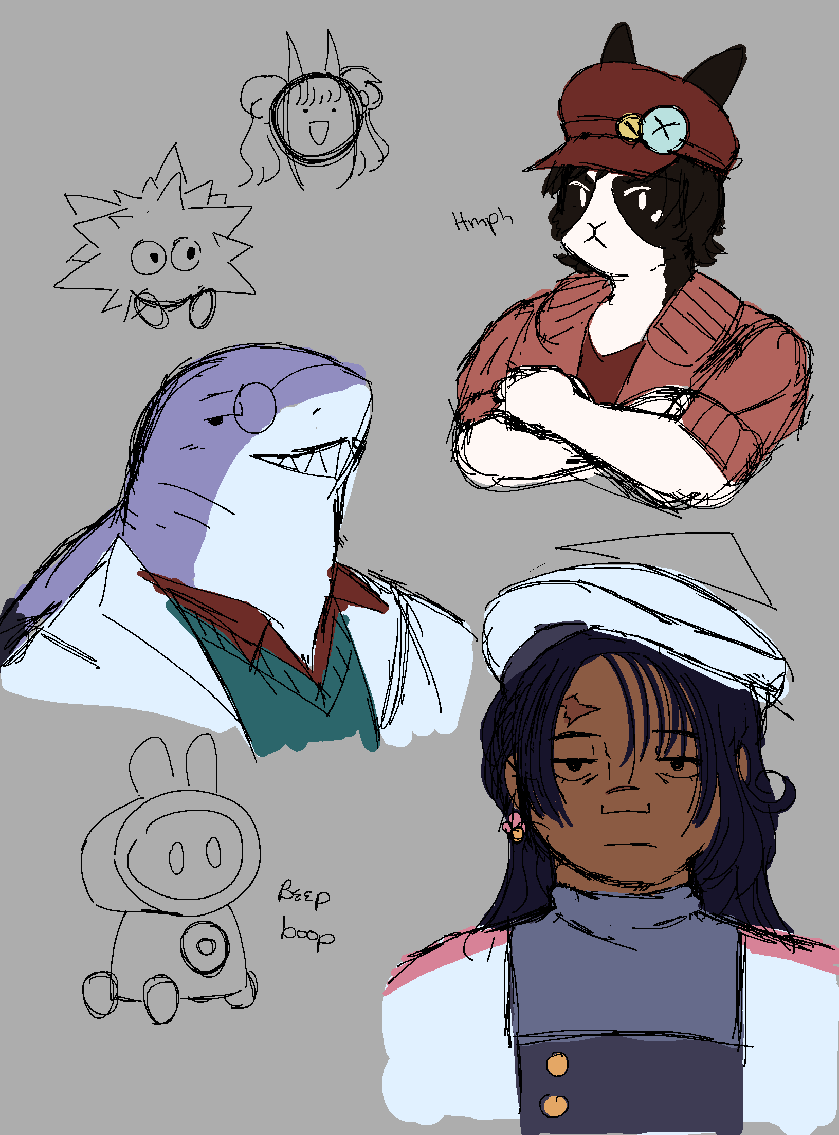 Bust doodles of Bonnie, Mash, and Nemesia with flat colors. Accompanied by lined doodles of Candi, Koman, and Pixel