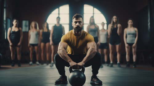 Personal trainer squatting with a team of athletes in a workout session at a fitness club Portrait o.jpg