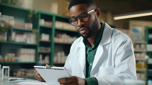 Pharmacy portrait and black man with clipboard medicine and pill prescription African American male .jpg