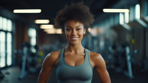 Portrait black woman or coach flexing muscle or body goals in training or fitness exercise at gym Co.jpg