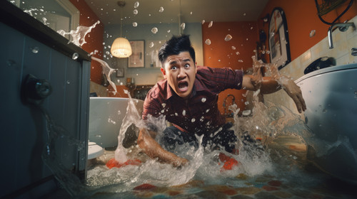 Plumbing accident and asian man in bathroom with water splash crisis or hand basin leak fail or cris.jpg