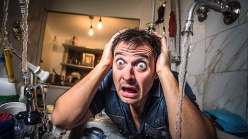 Plumbing accident and asian man in bathroom with water splash crisis or hand basin leak fail or cris.jpg