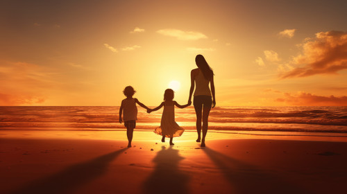 Playing mother and children at beach on a fun family vacation holiday or nature adventure at sunset .jpg