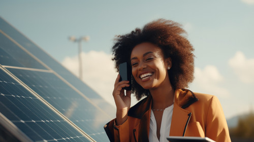 Phone call solar panel and black woman conversation thinking or talk about photovoltaic plate sustai.jpg