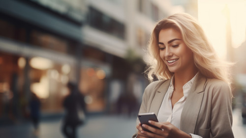 Phone happy and business woman in city for social media networking or communication Technology conne.jpg