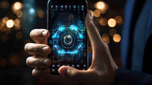 Phone in hand lock and cybersecurity overlay to show futuristic hologram data safety or software dev.jpg