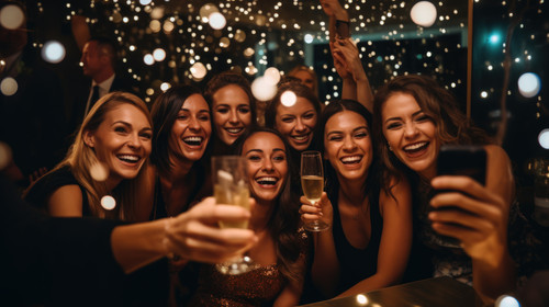 Phone photography success or friends in a party to celebrate goals or new year at fancy luxury event.jpg