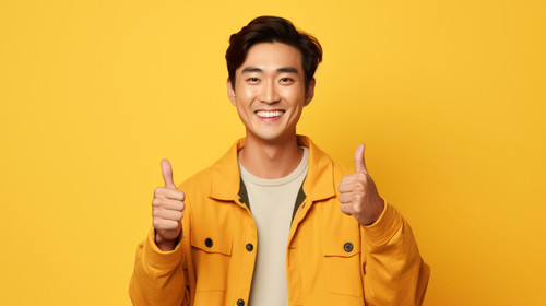 Peace hands and happy asian man in studio with thank you vote or feedback on yellow background V sig.jpg