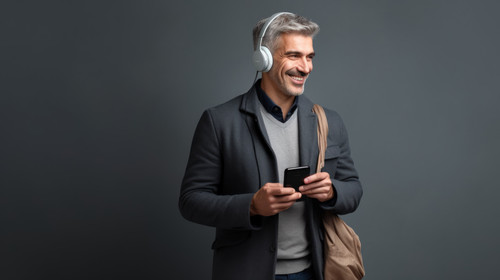 PNG studio shot of a mature man wearing headphones and using a cellphone while carrying a bag and cu.jpg
