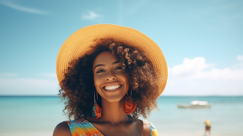 Portrait African woman and happiness at the beach or holiday vacation and summer at the sea ocean in.jpg