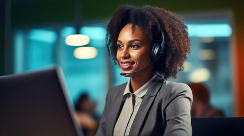 Portrait call center and laptop with a black woman consultant working in her telesales office Contac.jpg