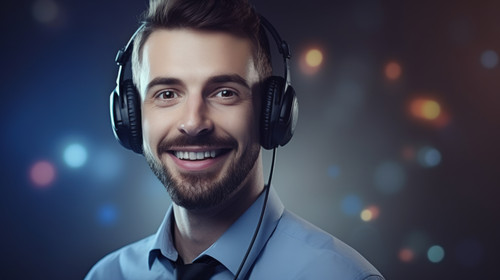 Portrait call center and man with telemarketing customer service and happiness with advice help or c.jpg