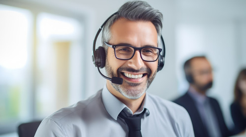 Portrait call center and man with telemarketing customer service and happiness with advice help or c.jpg