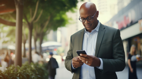 Phone text message a senior business black man in the city typing an email while commuting to work M.jpg