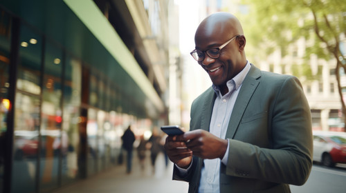 Phone text message a senior business black man in the city typing an email while commuting to work M.jpg