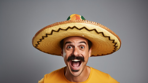 Photo booth mockup hat and face of man in studio with mustache for comic humor and funny joke Happy .jpg