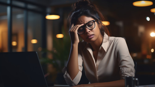 Pain headache and stressed finance manager feeling sick tired and worried about a financial problem .jpg