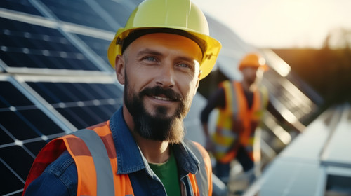 Portrait construction worker and man smile with arms crossed with solar panel job outdoor Roof eco e.jpg