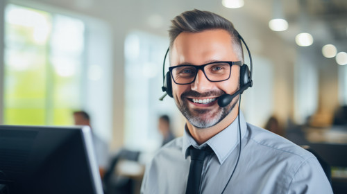 Portrait call center and support with a man consultant in his telemarketing office for assistance Cu.jpg