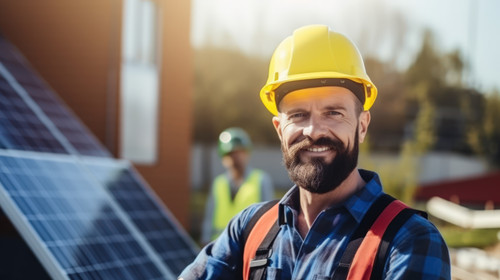 Portrait construction worker and man smile with arms crossed with solar panel job outdoor Roof eco e.jpg