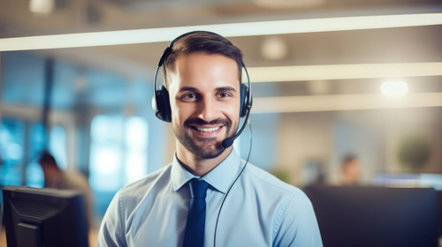 Portrait customer service and support with a man consultant in his telemarketing office for assistan.jpg