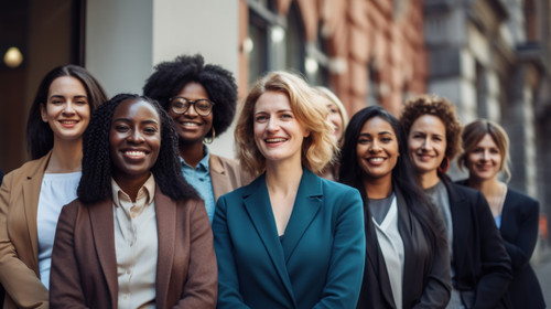 Portrait diversity and a group of happy businesswomen sitting in a line as coworkers against a wall .jpg