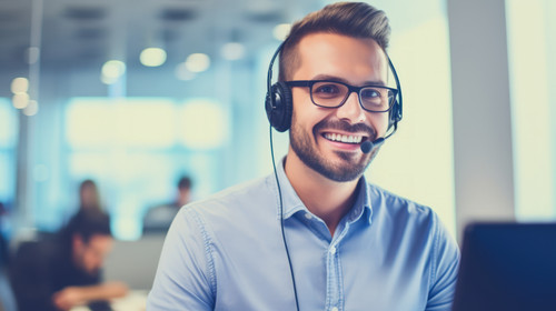 Portrait customer service and support with a man consultant in his telemarketing office for assistan.jpg