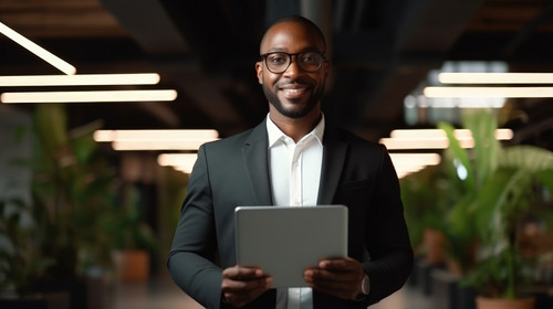 Portrait digital tablet and black man in office happy smile and empowered ambition and mindset Face .jpg
