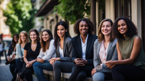Portrait diversity and a group of happy businesswomen sitting in a line as coworkers against a wall .jpg