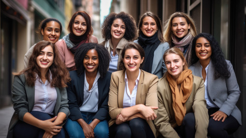 Portrait diversity and a group of happy businesswomen sitting in a line as coworkers against a wall .jpg
