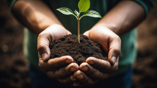 Plant growth and soil in hands for earth day support and sustainability with gardening dirt fertiliz.jpg