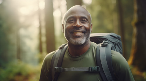 Portrait black man and hiking in forest exercise and fitness for wellness healthy lifestyle and smil.jpg