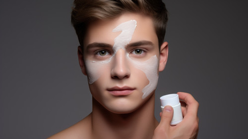 Portrait beauty and cream with a man in studio on a gray background to apply antiaging facial treatm.jpg