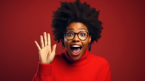 Portrait excited and black woman with call me hand in studio isolated on a red background with glass.jpg