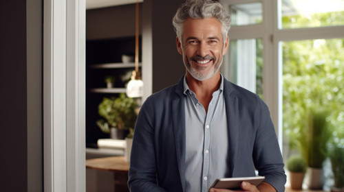 Portrait man and real estate agent with tablet in home for property sale online Senior realtor and f.jpg