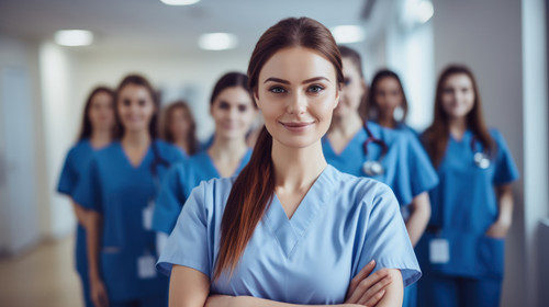 Portrait medical and a woman nurse arms crossed standing with her team in the hospital for healthcar.jpg