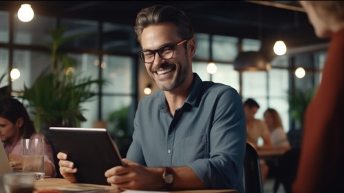 Portrait man on tablet and web design meeting with team in creative office workspace and planning re.jpg