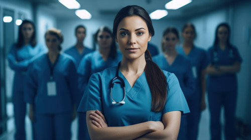 Portrait medical and a woman nurse arms crossed standing with her team in the hospital for healthcar.jpg