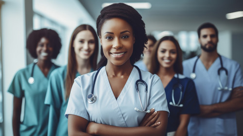 Portrait medicine and a black woman nurse arms crossed standing with her team in a hospital for heal.jpg