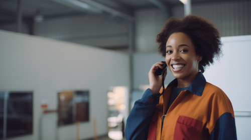 Young african american woman wearing volunteer uniform talking on the smartphone at charity center s.jpg