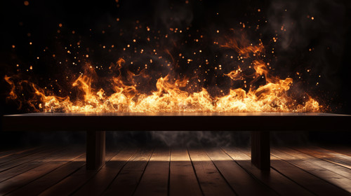 wooden table with Fire burning at the edge of the table fire particles sparks and smoke in the air w.jpg