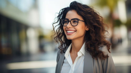Young hispanic businesswoman smiling happy touching her glasses at the city soft focus 00796 00.jpg