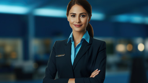 Portrait flight attendant and arms crossed in airport for travel journey and help on airplane with p.jpg