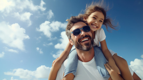 Portrait father and kid piggyback on blue sky of summer vacation holiday and freedom on mockup space.jpg