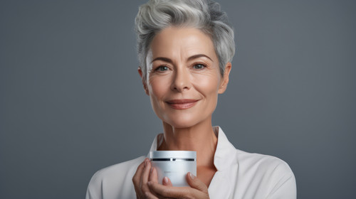 Portrait face cream and skincare for mature woman in studio for wellness beauty and care on grey bac.jpg