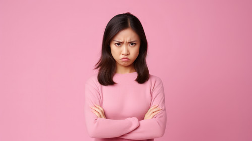 Portrait frown and angry asian woman with arms crossed in studio and defensive body language on pink.jpg