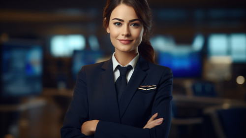 Portrait flight attendant and arms crossed in airport for travel journey and help on airplane with p.jpg